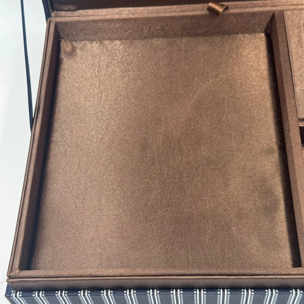 Avon Jewelry Box Navy Blue Pinstripe Brown Satin Lining Removable Tray Organizer
